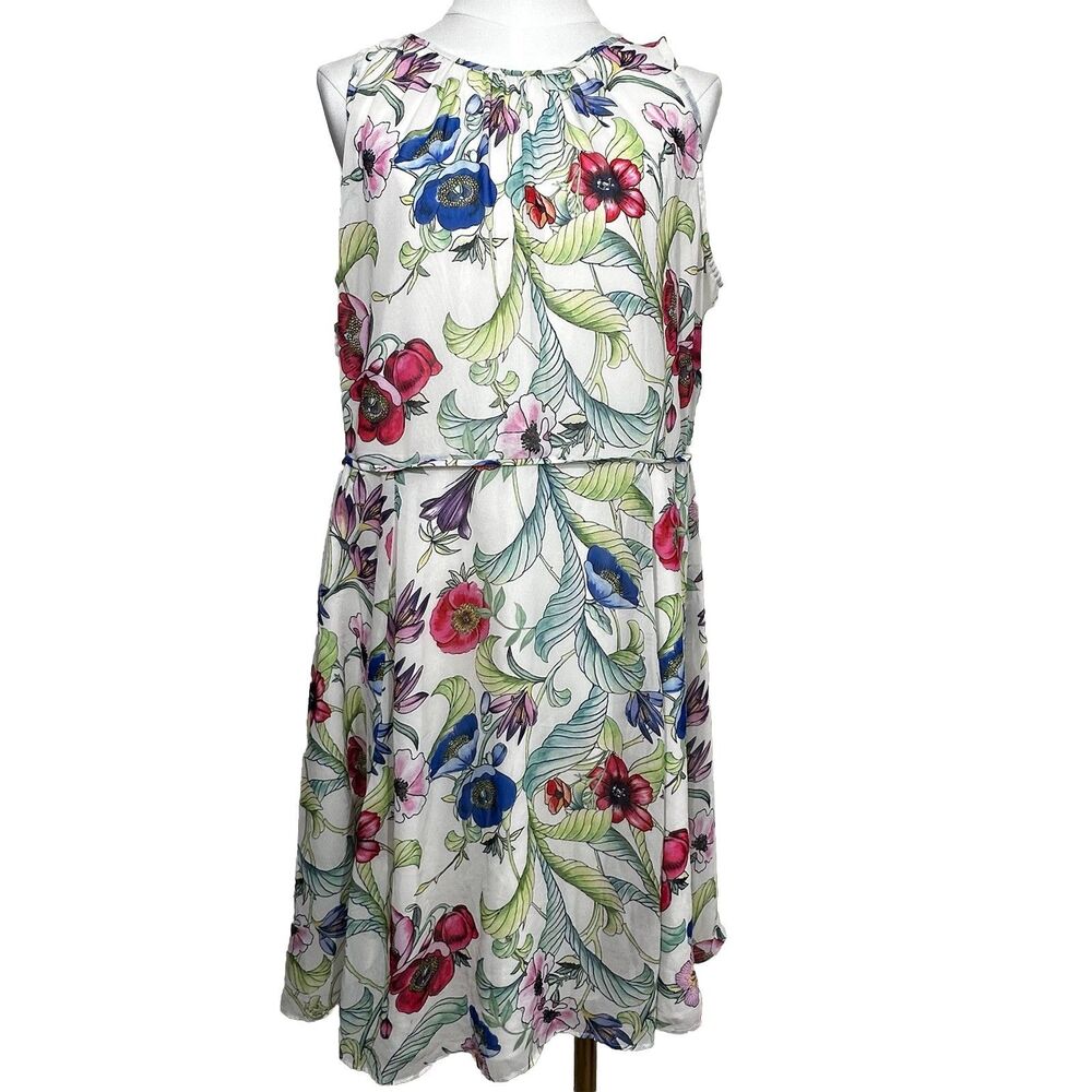 Floral Sleeveless Midi Dress Womens‎ M White Pink Blue Botanical Layered Bodice